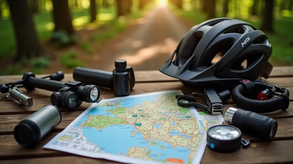 Velosipēda aprīkojums un drošības piederumi uz galda, ķivere, gaismas, ceļojuma plāns