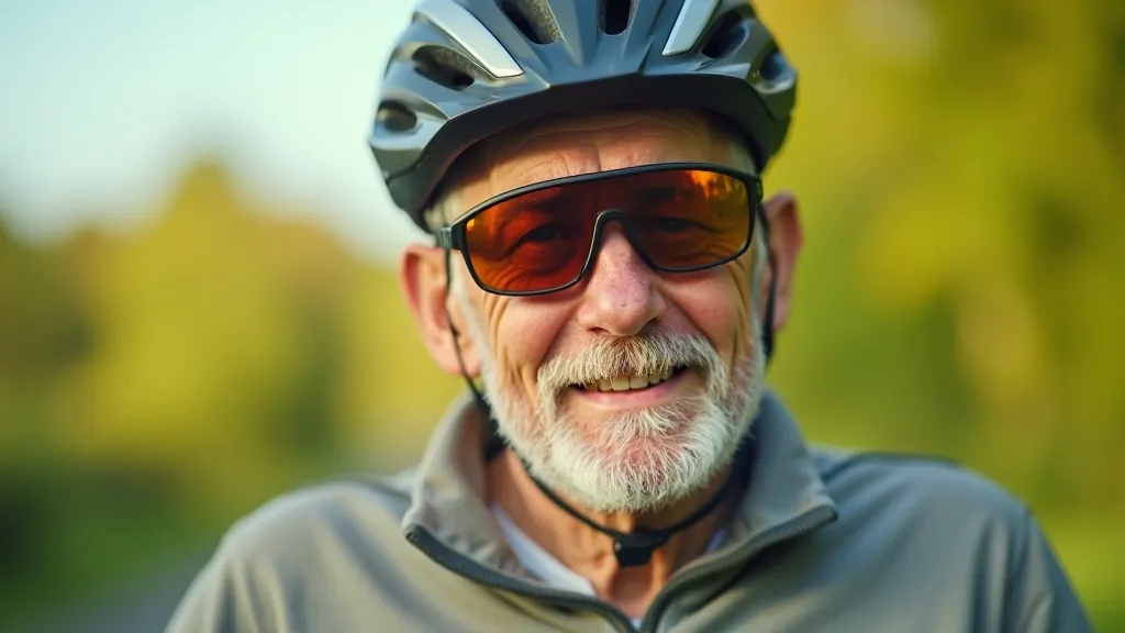 Senioru riteņbraucēja tuvplāns, valkājot velobraucēja ķiveri un saulesbrilles, daba fonā