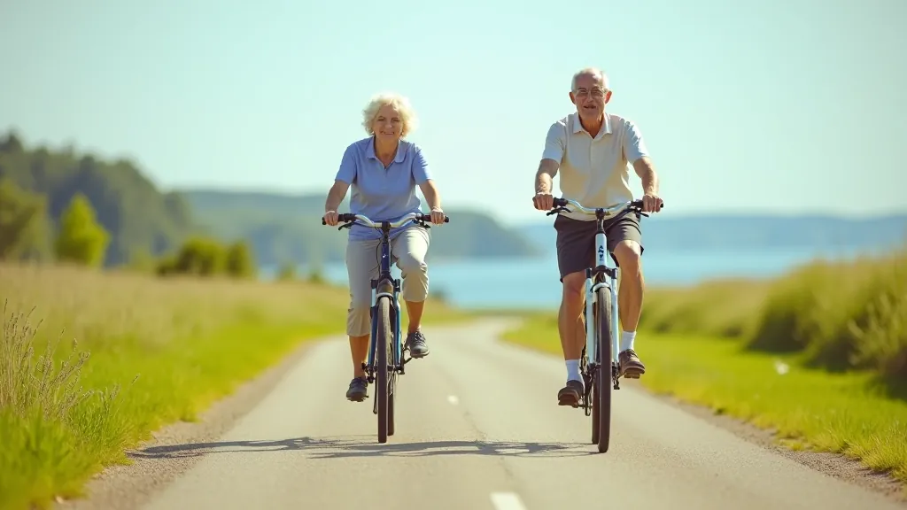 Seniori jautri brauc velosipēdiem jūras piekrastē