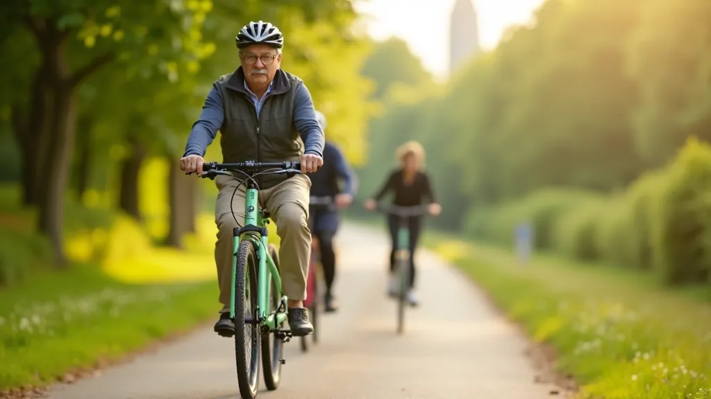 Seniora riteņbraucējs uz elektrovelosipēda, moderns velosipēds, skaidrs laiks