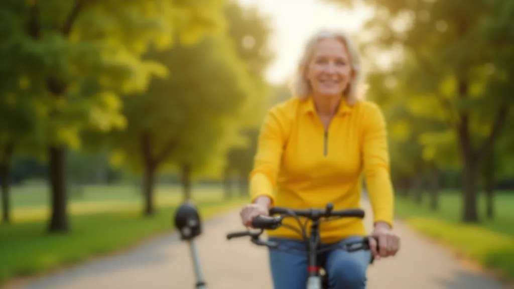 Seniore velosipēdā uz plakana ceļa ar pareizu ķermeņa pozīciju un mierīgu ātrumu